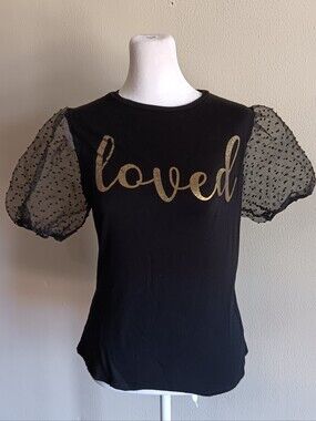 Ragdoll Black Tee with Gold 'Loved' Script and Sheer Puff Sleeves Size Medium